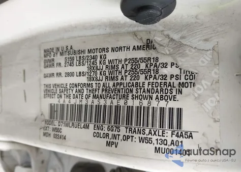 2010 Mitsubishi Endeavor Se z USA, uszkodzony, nr VIN 4A4JM3AS3AE016877